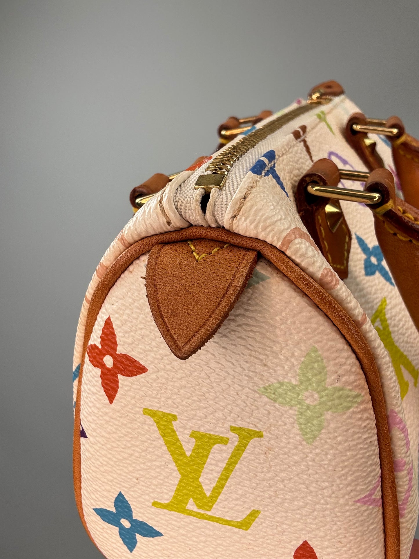 Louis Vuitton Takashi Murakami White Multicolore Nano Speedy leather tab right side