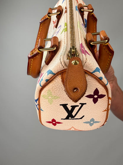 Louis Vuitton Takashi Murakami White Multicolore Nano Speedy leather zipper pull