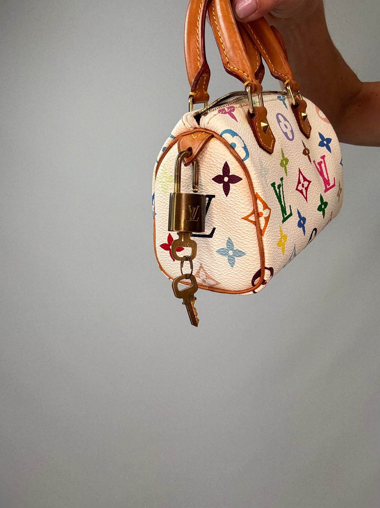 Louis Vuitton Takashi Murakami White Multicolore Nano Speedy with lock and key
