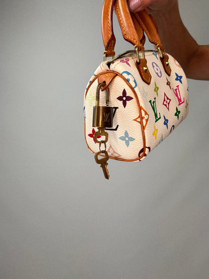 Louis Vuitton Takashi Murakami White Multicolore Nano Speedy with lock and key
