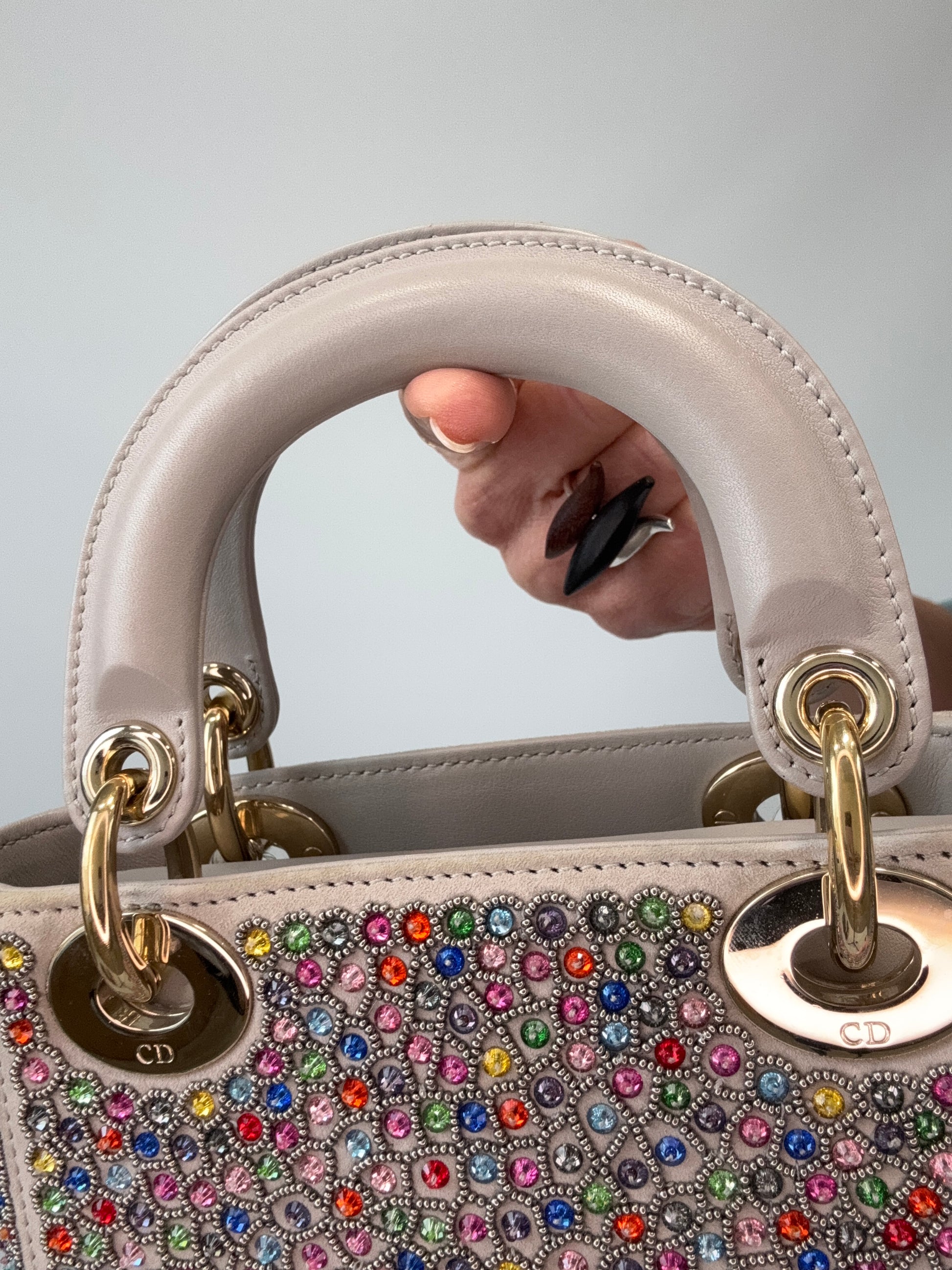 Mini Lady Dior Crystal Embellished Bag back of top handle