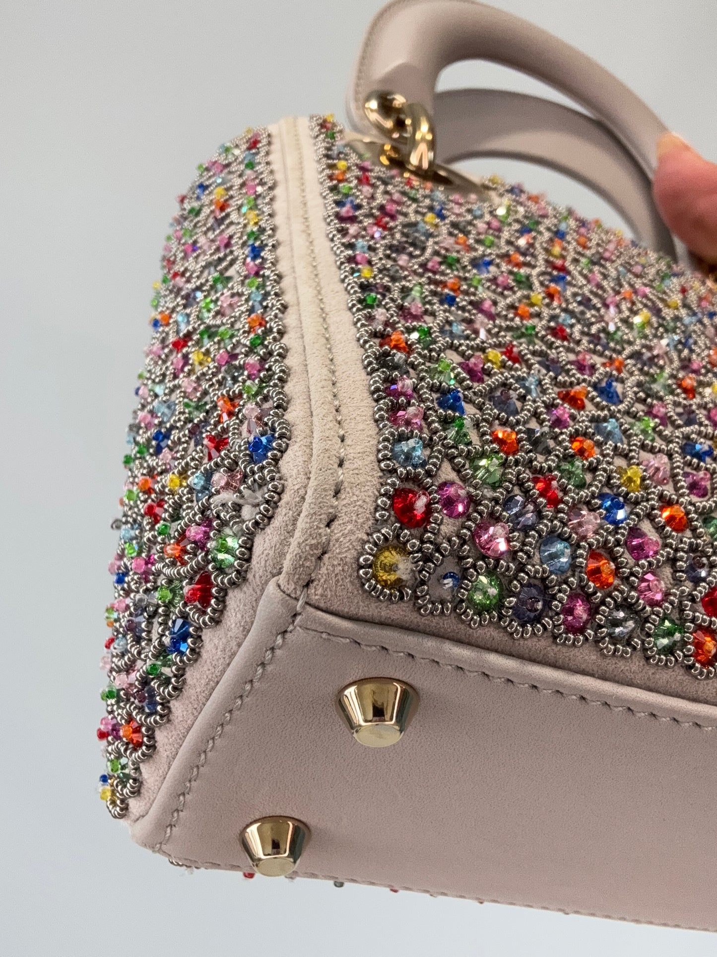 Mini Lady Dior Crystal Embellished Bag front left bottom corner