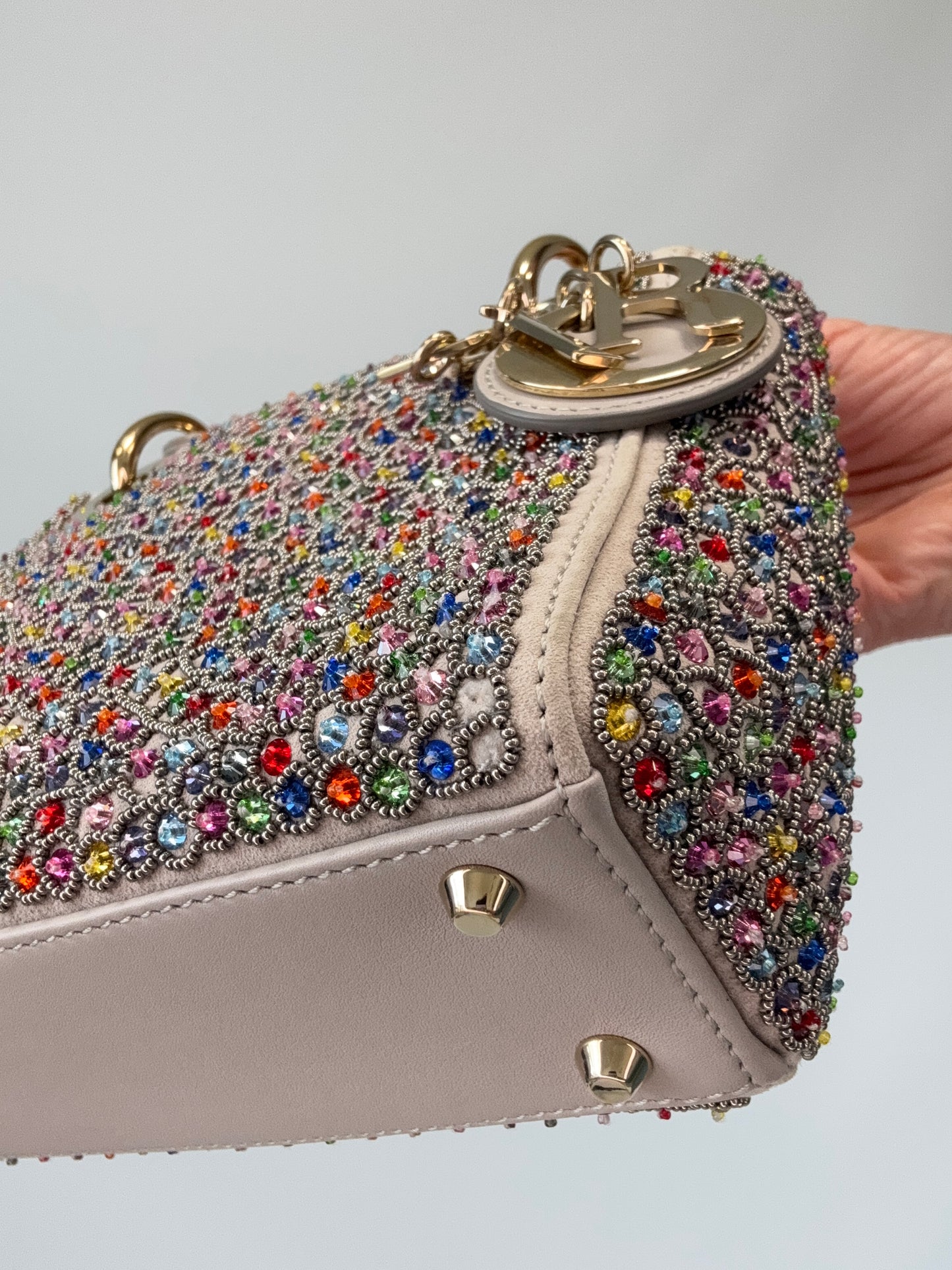 Mini Lady Dior Crystal Embellished Bag front right bottom corner