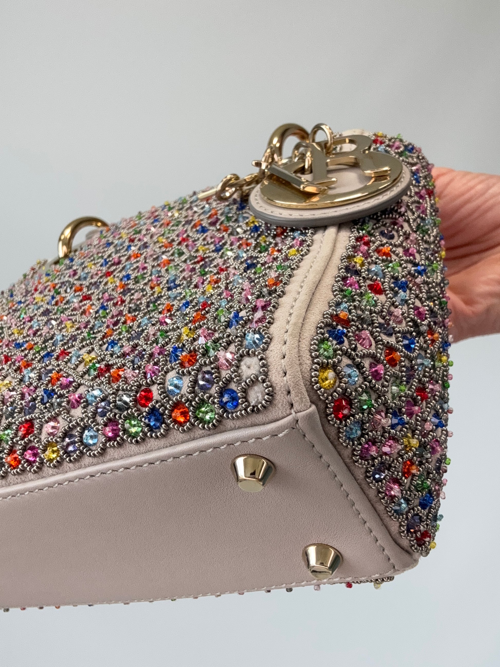 Mini Lady Dior Crystal Embellished Bag front right bottom corner