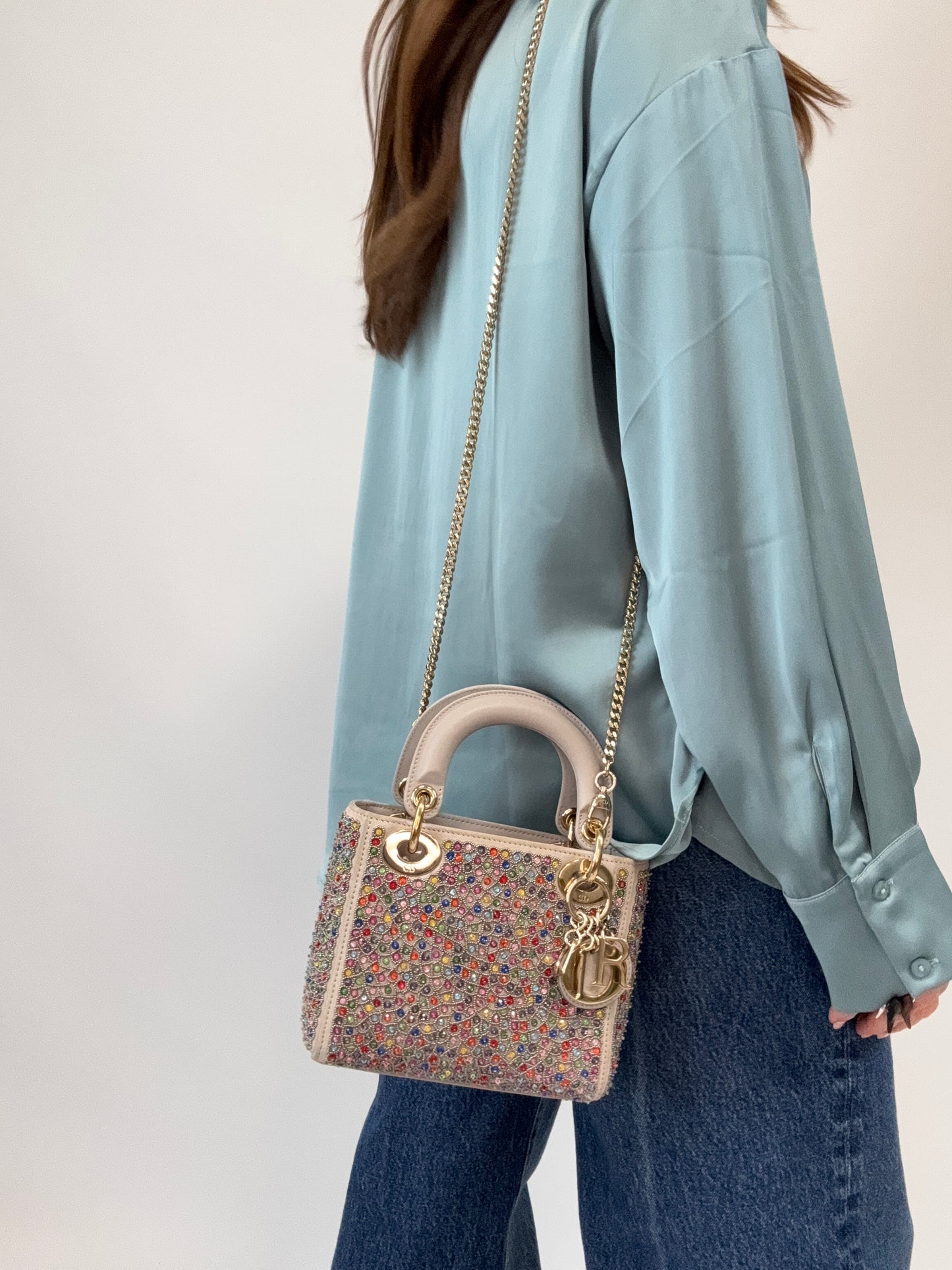 Mini Lady Dior Crystal Embellished Bag modeled 2