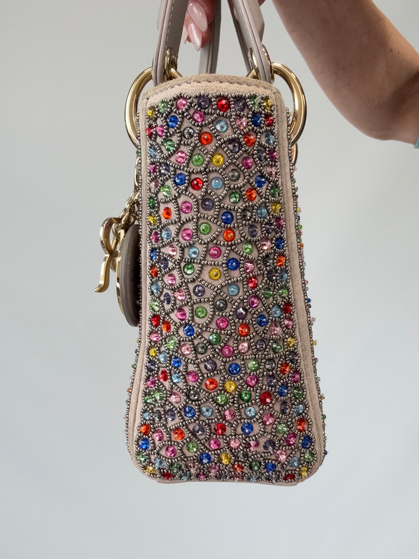 Mini Lady Dior Crystal Embellished Bag right side of handbag