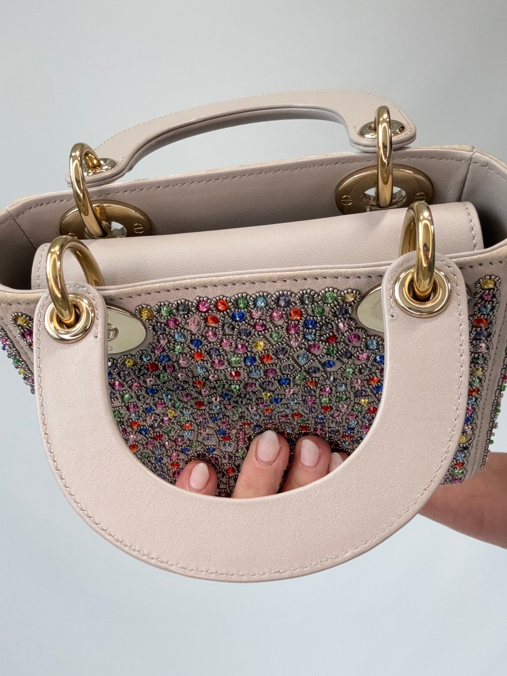 Mini Lady Dior Crystal Embellished Bag top of bag and interior of top handles