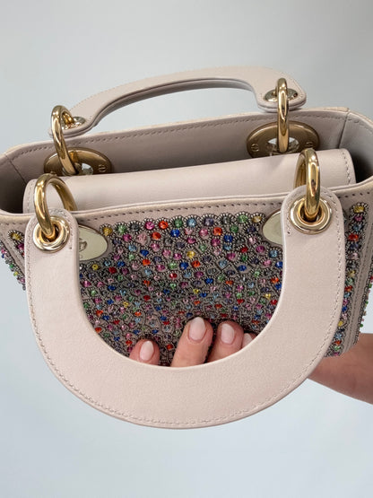 Mini Lady Dior Crystal Embellished Bag top of bag and interior of top handles