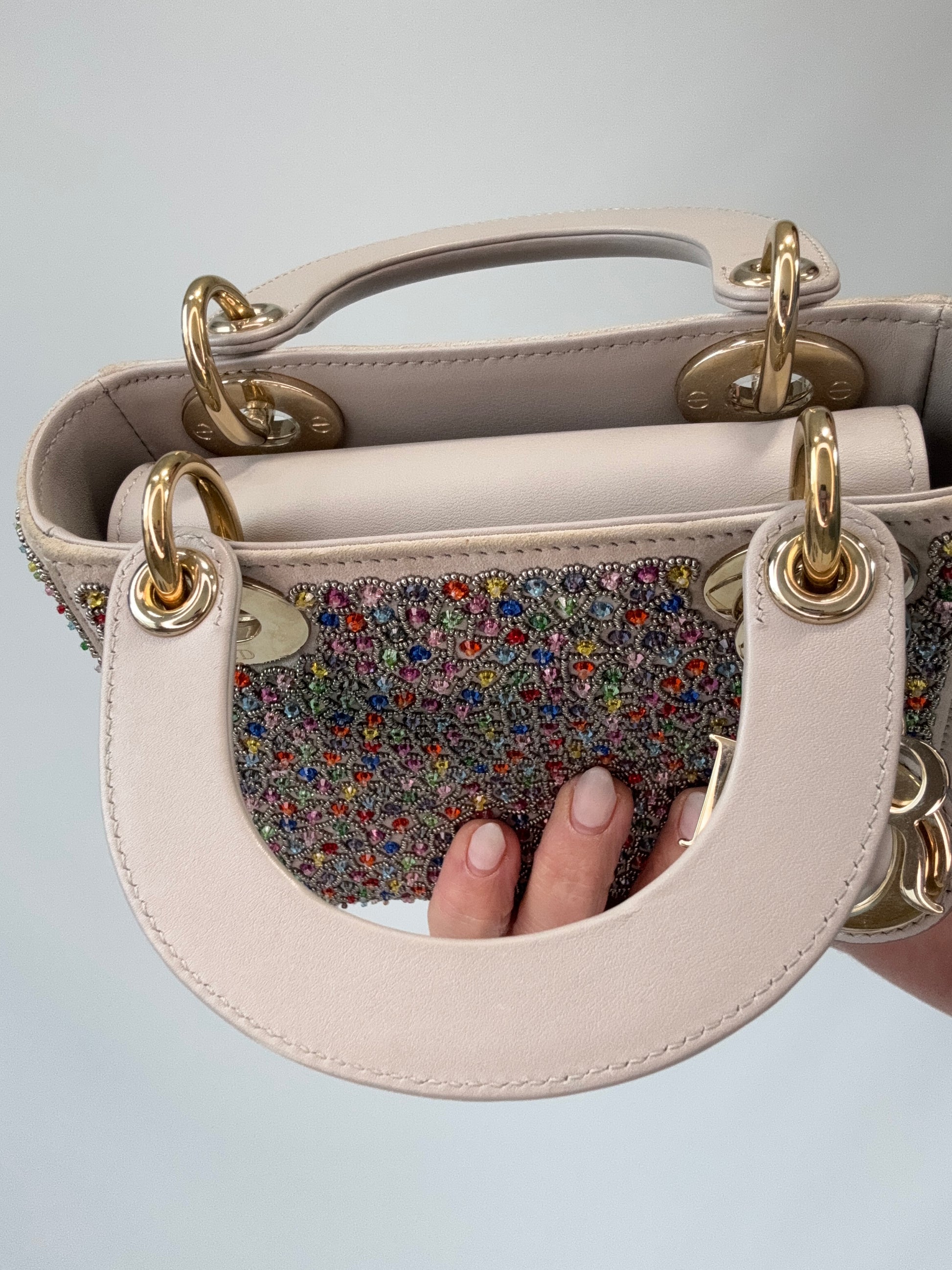 Mini Lady Dior Crystal Embellished Bag interior of front top handle