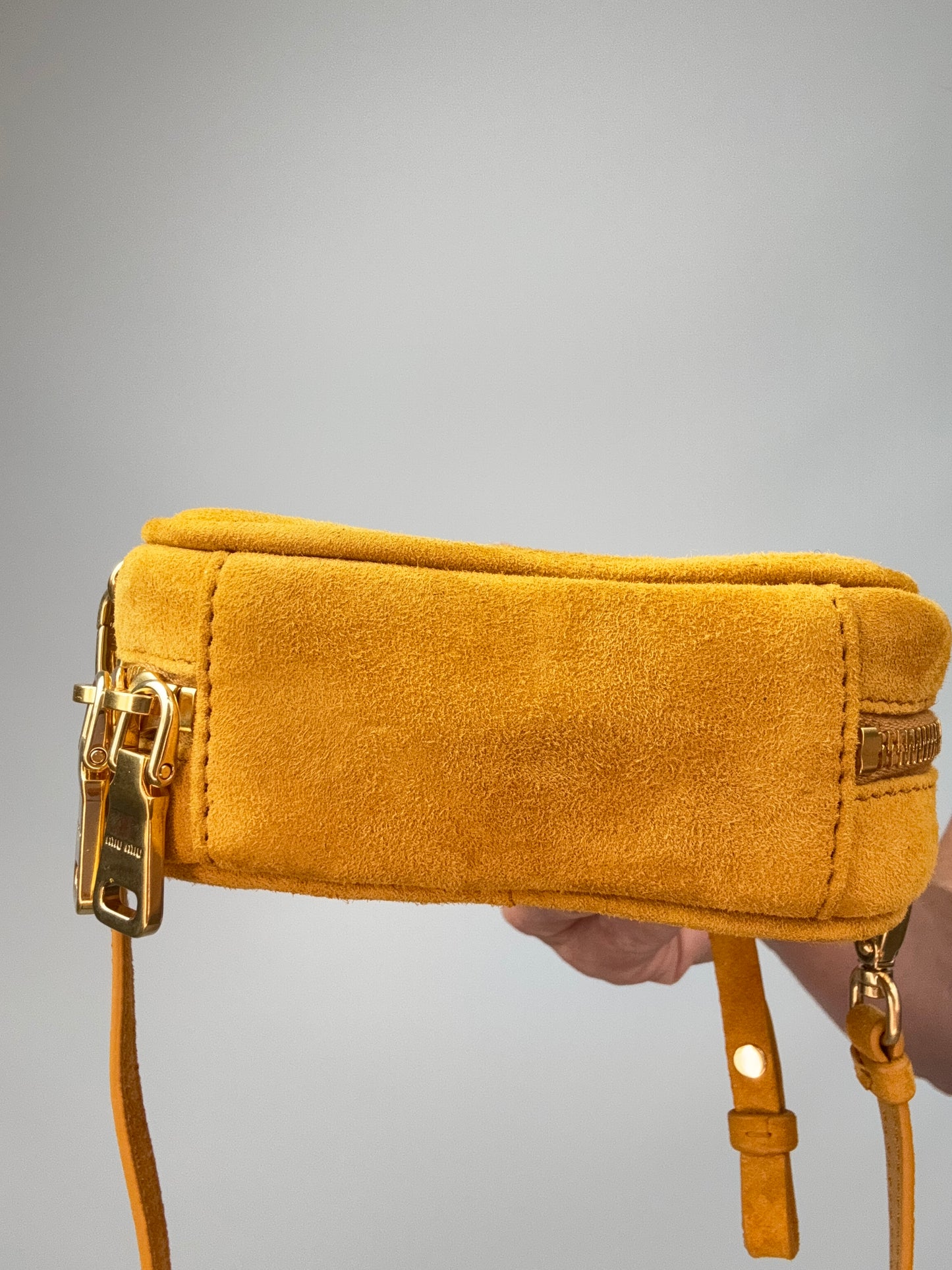 Miu Miu Beau Micro Suede Bag - Whiskey bottom of bag