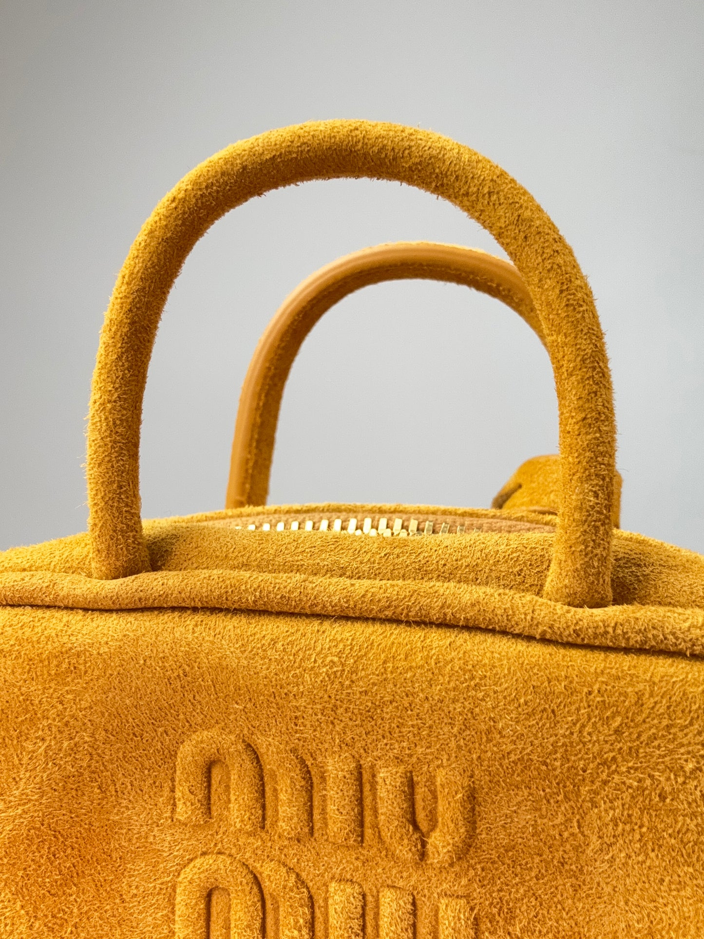 Miu Miu Beau Micro Suede Bag - Whiskey front of top handles
