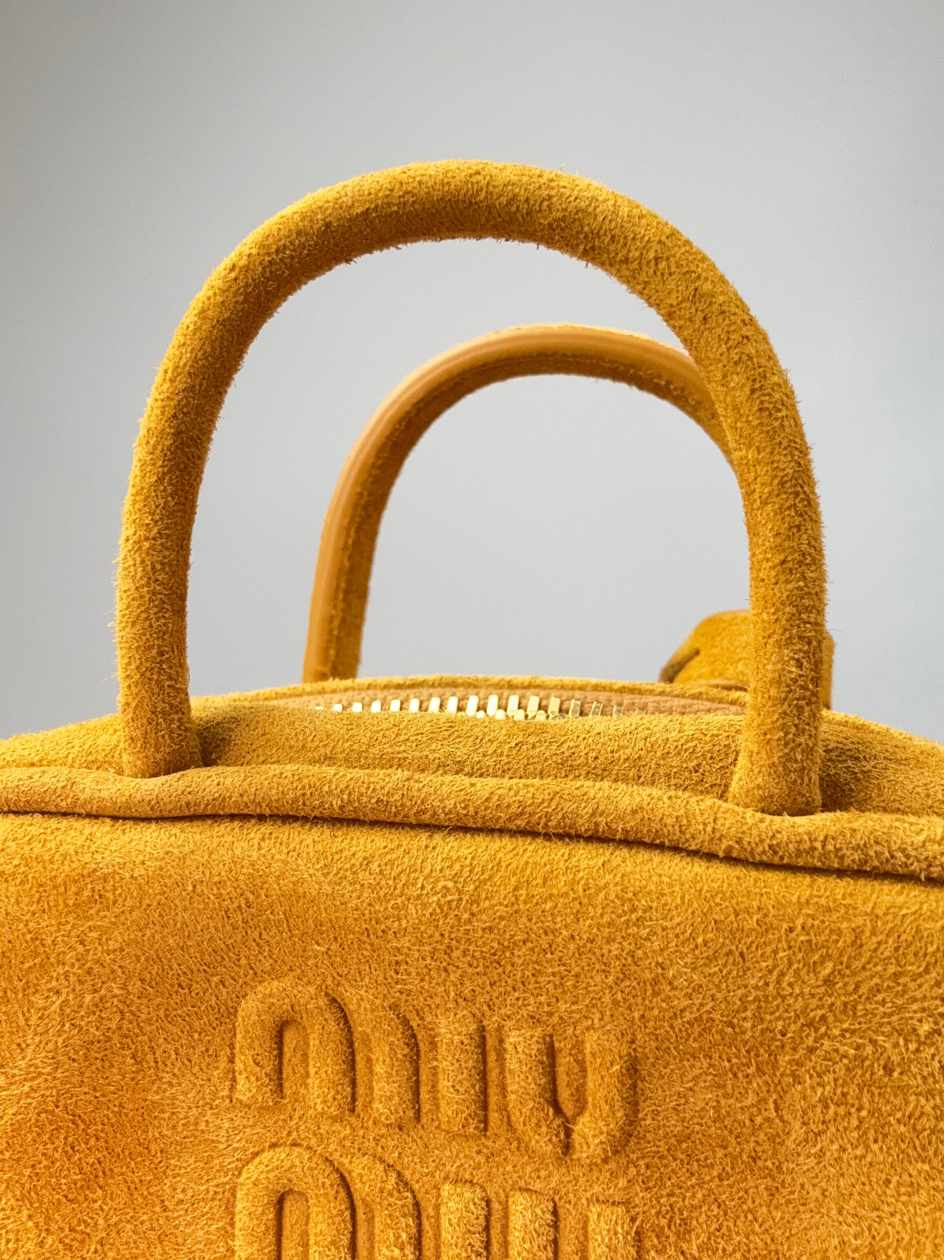 Miu Miu Beau Micro Suede Bag - Whiskey front of top handles