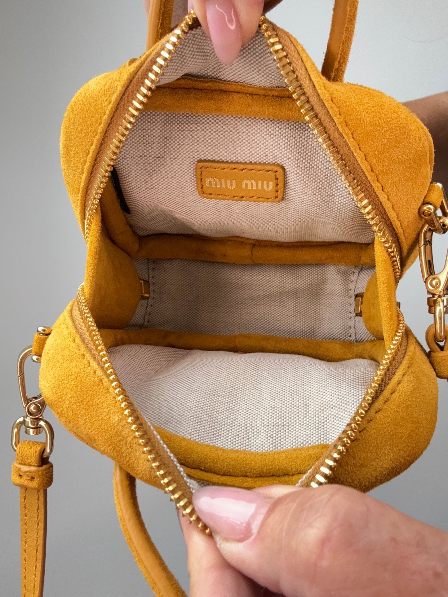 Miu Miu Beau Micro Suede Bag - Whiskey interior of handbag