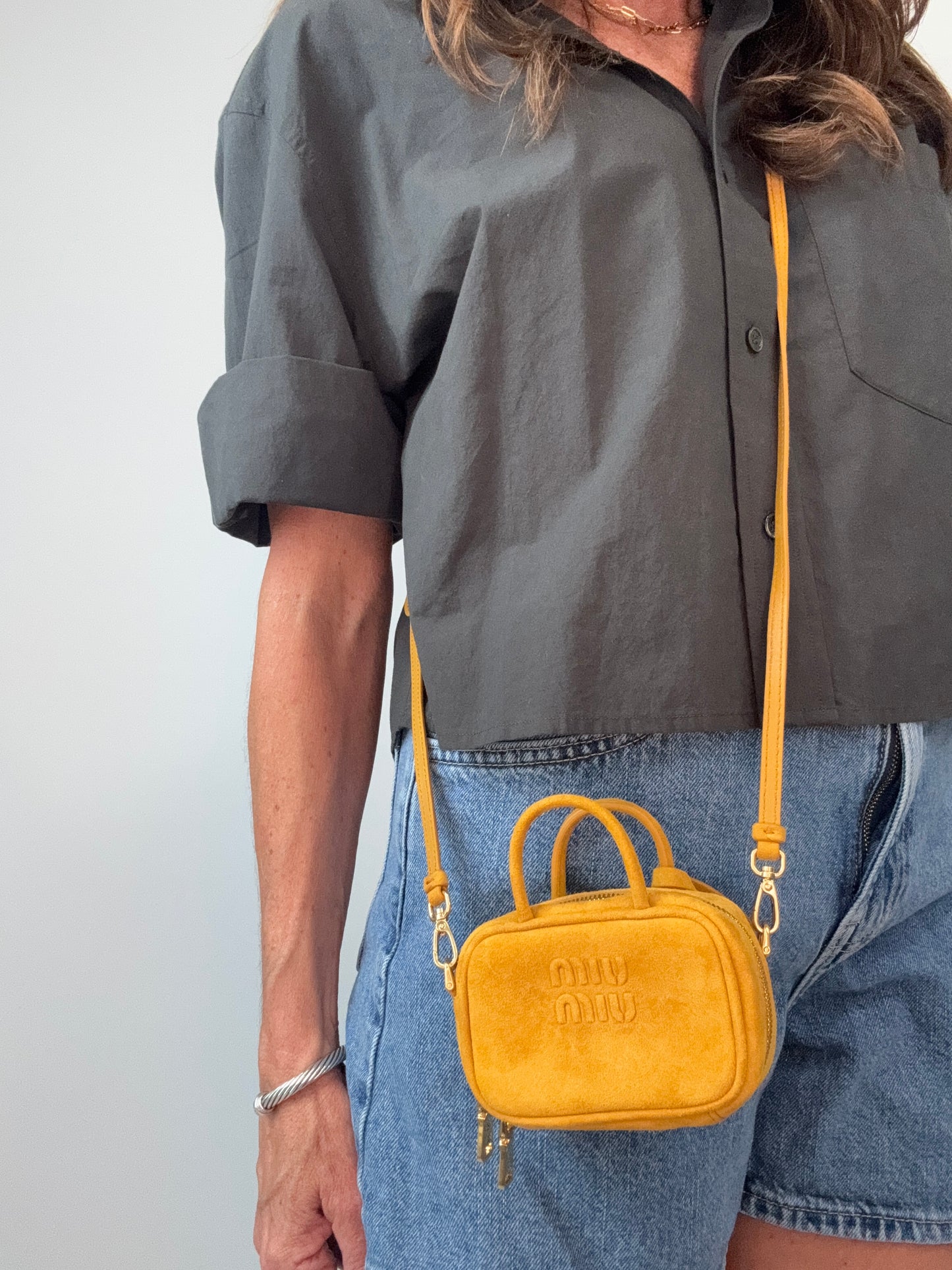 Miu Miu Beau Micro Suede Bag - Whiskey modeled