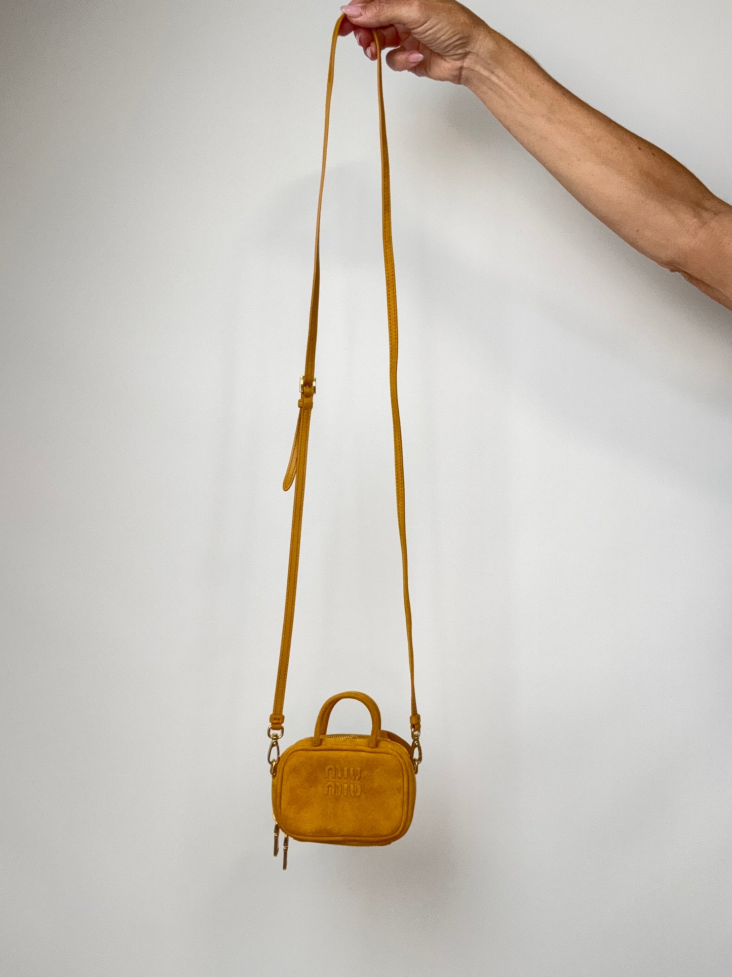 Miu Miu Beau Micro Suede Bag - Whiskey with detachable strap