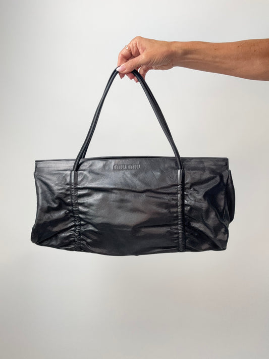 Miu Miu Black Leather East-West Ruched Tote