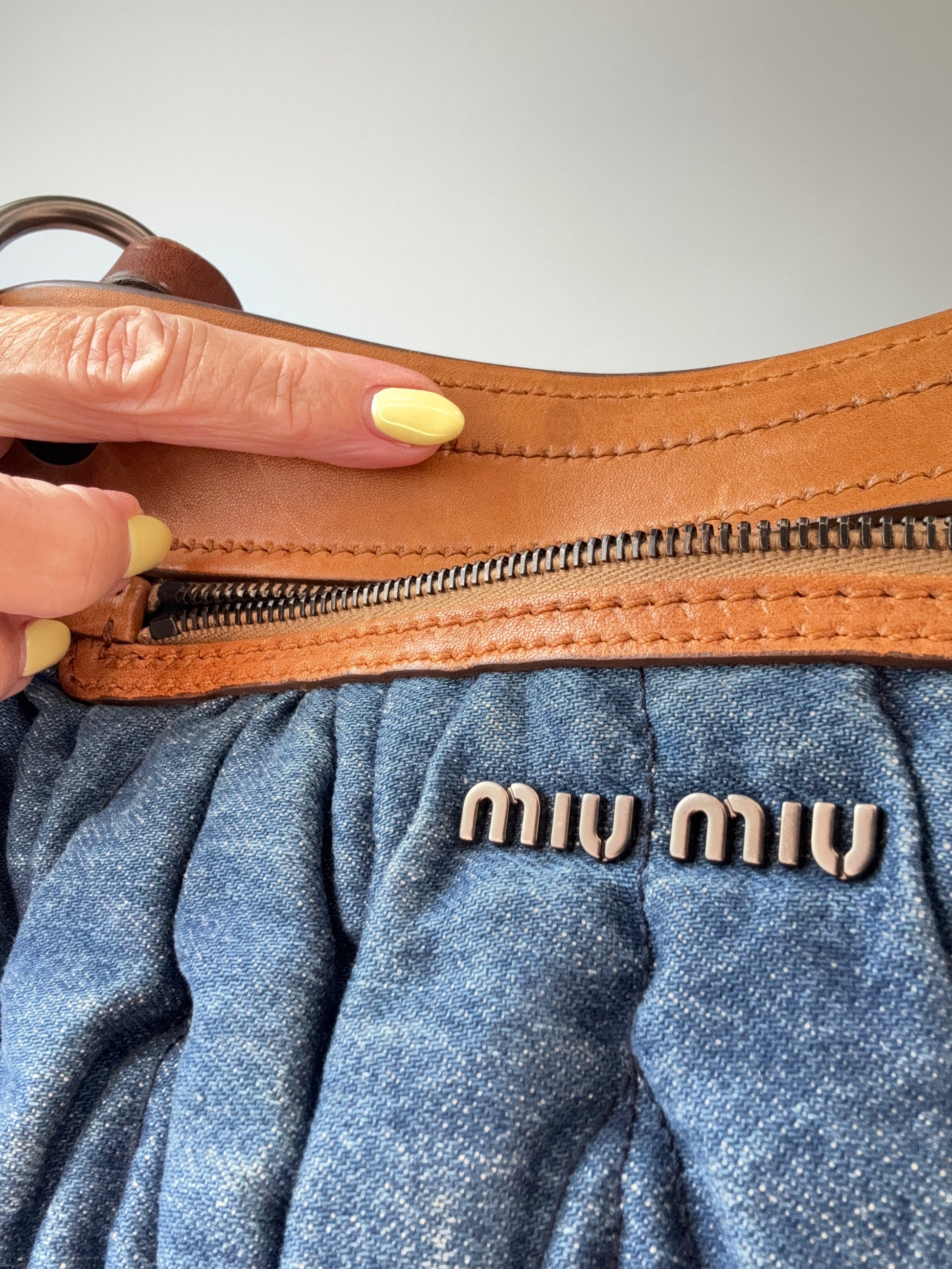 Miu Miu Blue & Brown Matelasse Denim and Leather Hobo back leather
