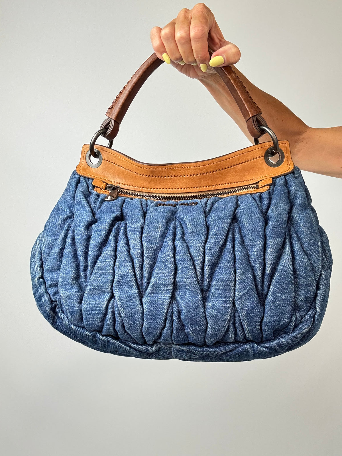 Miu Miu Blue & Brown Matelasse Denim and Leather Hobo back close up