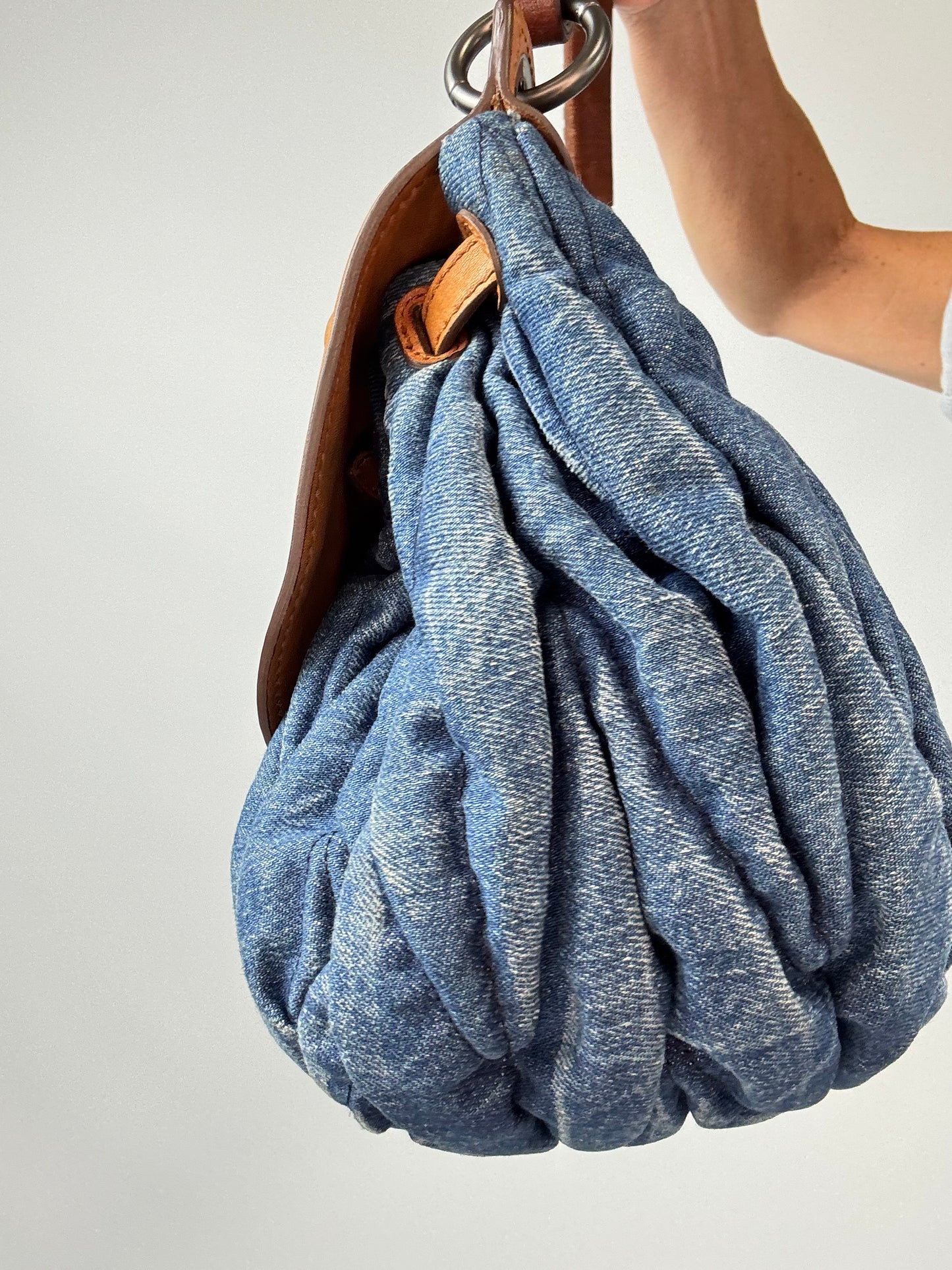 Miu Miu Blue & Brown Matelasse Denim and Leather Hobo right side 2