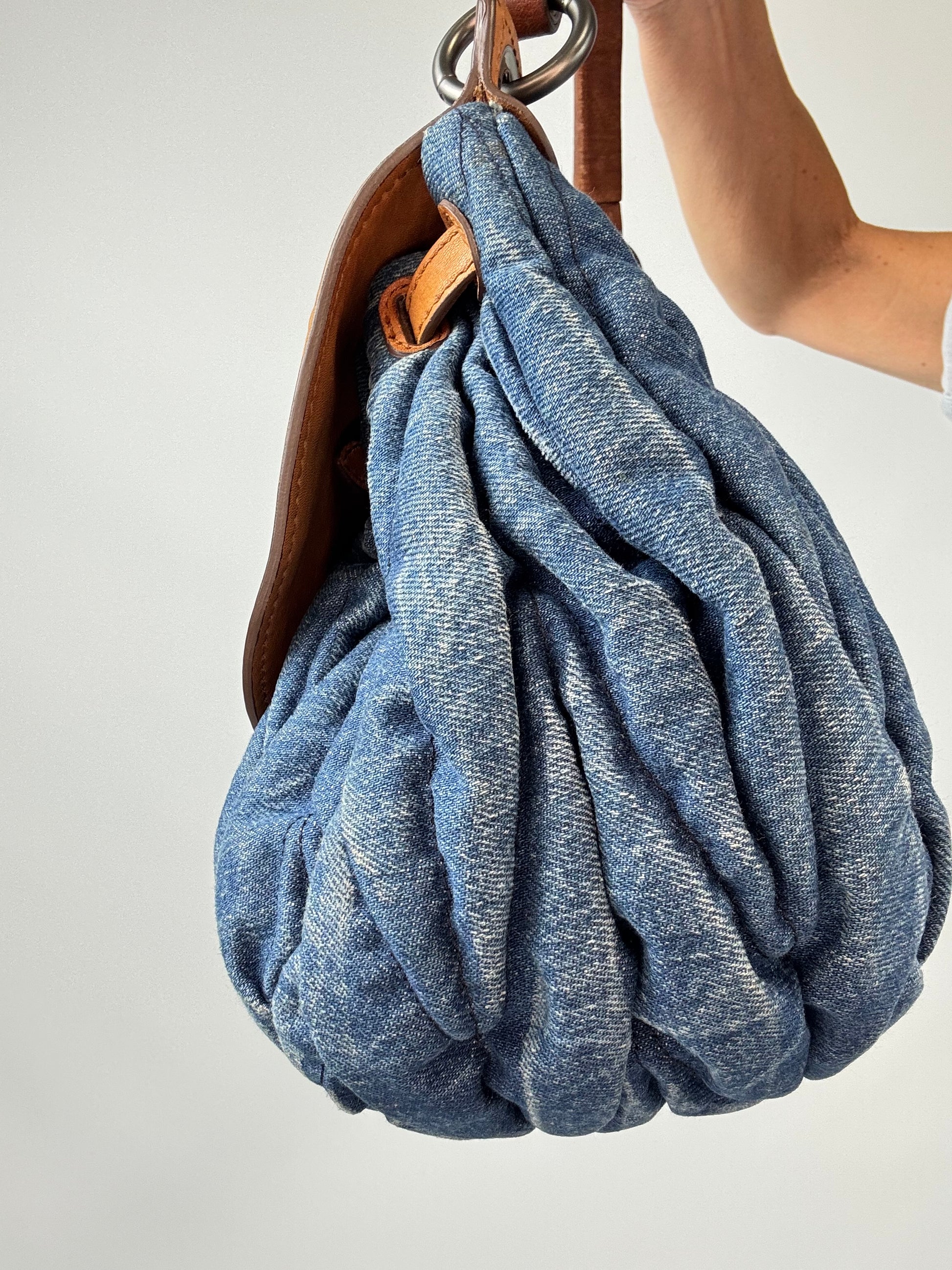 Miu Miu Blue & Brown Matelasse Denim and Leather Hobo right side