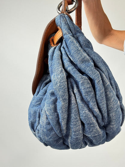 Miu Miu Blue & Brown Matelasse Denim and Leather Hobo right side