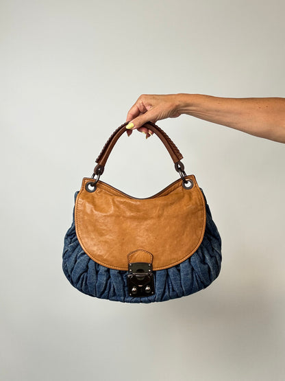 Miu Miu Blue & Brown Matelasse Denim and Leather Hobo