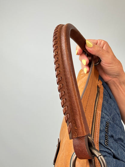 Miu Miu Blue & Brown Matelasse Denim and Leather Hobo top handle right side