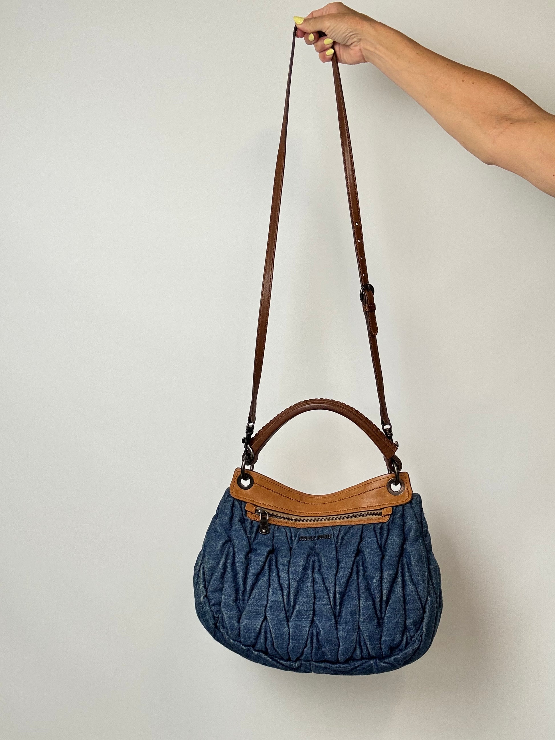 Miu Miu Blue & Brown Matelasse Denim and Leather Hobo with shoulder strap
