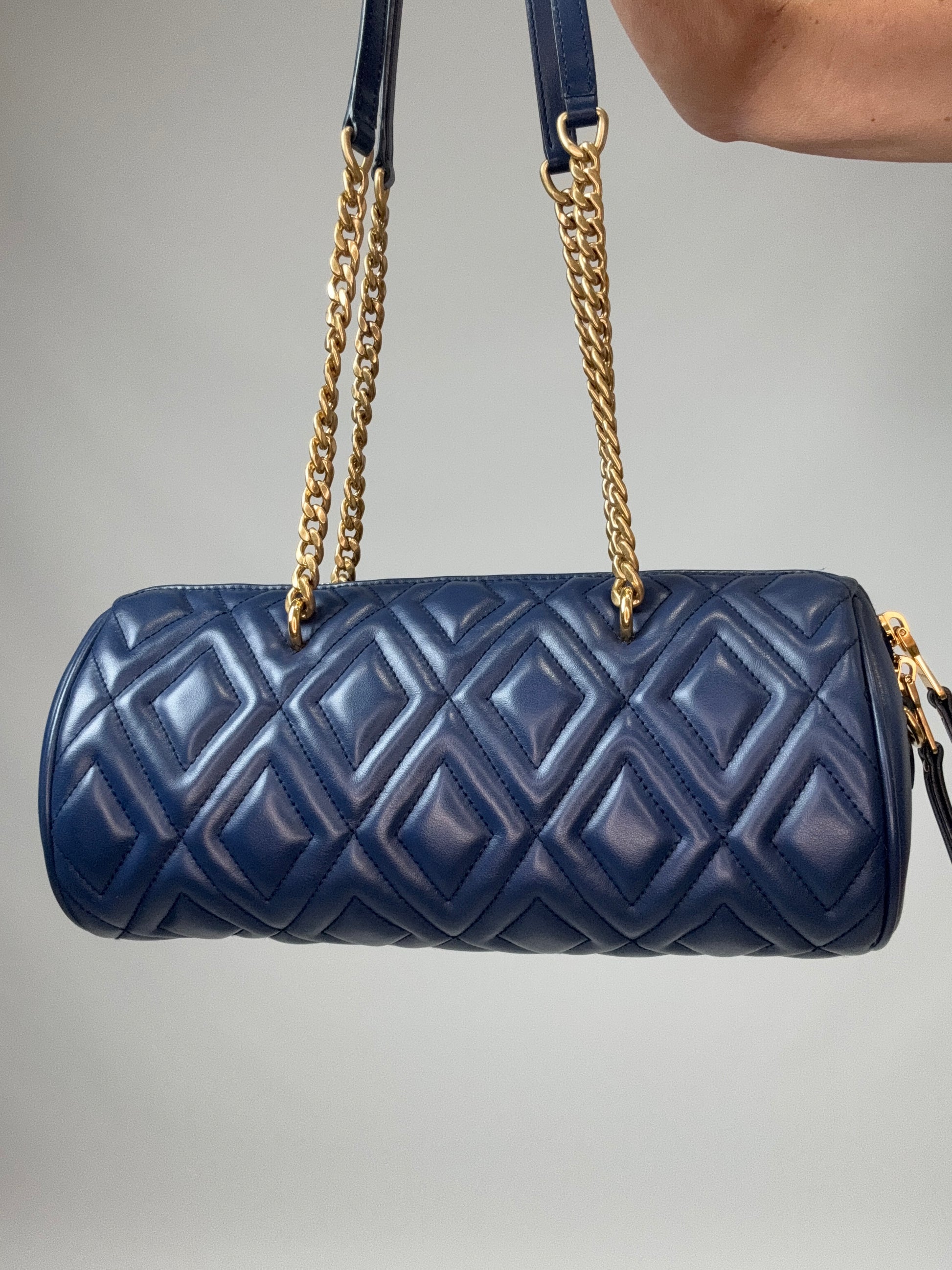 Miu Miu Diamond Quilted Cylinder Bag in Blue back of handbag
