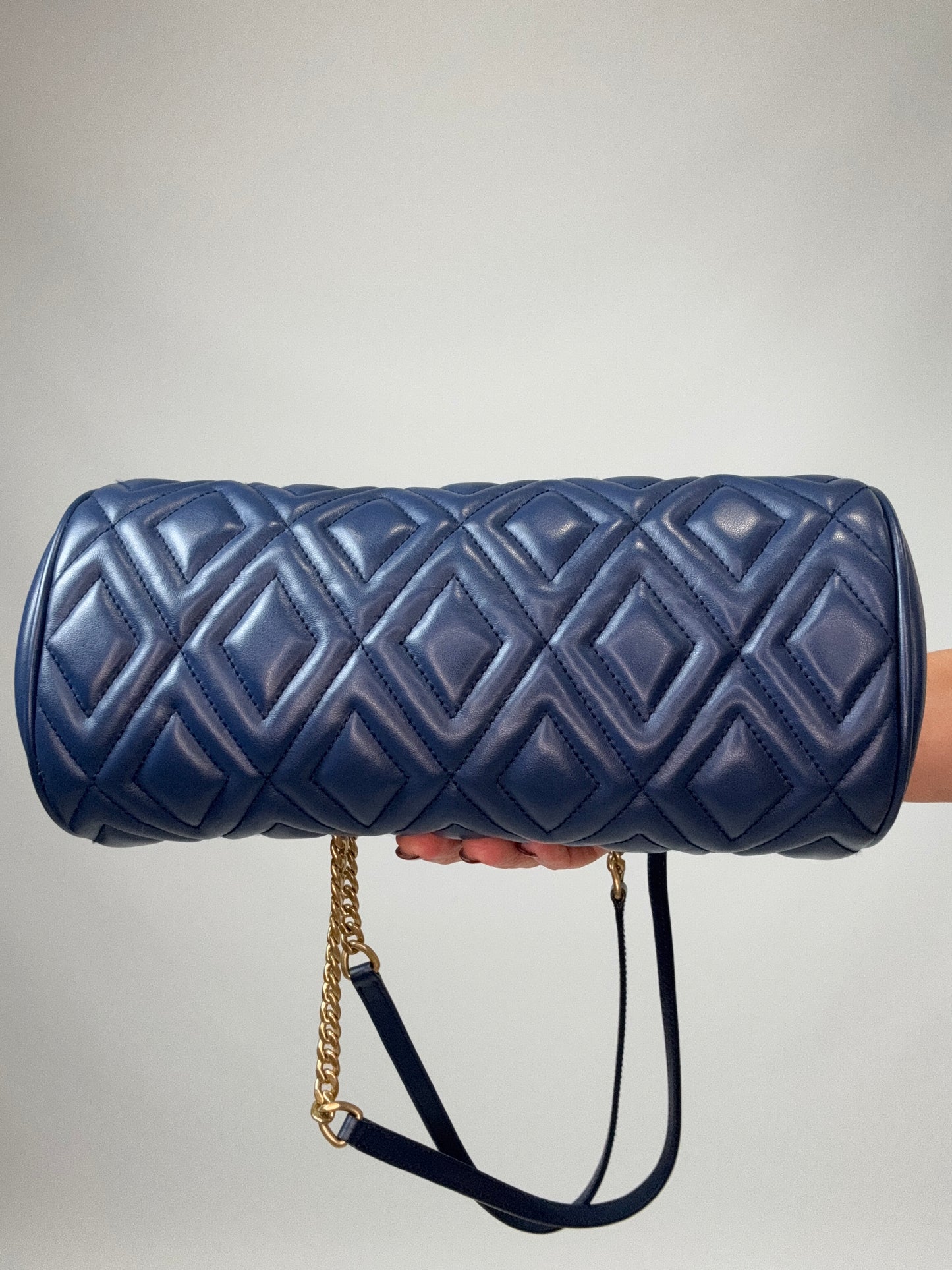 Miu Miu Diamond Quilted Cylinder Bag in Blue bottom of handbag