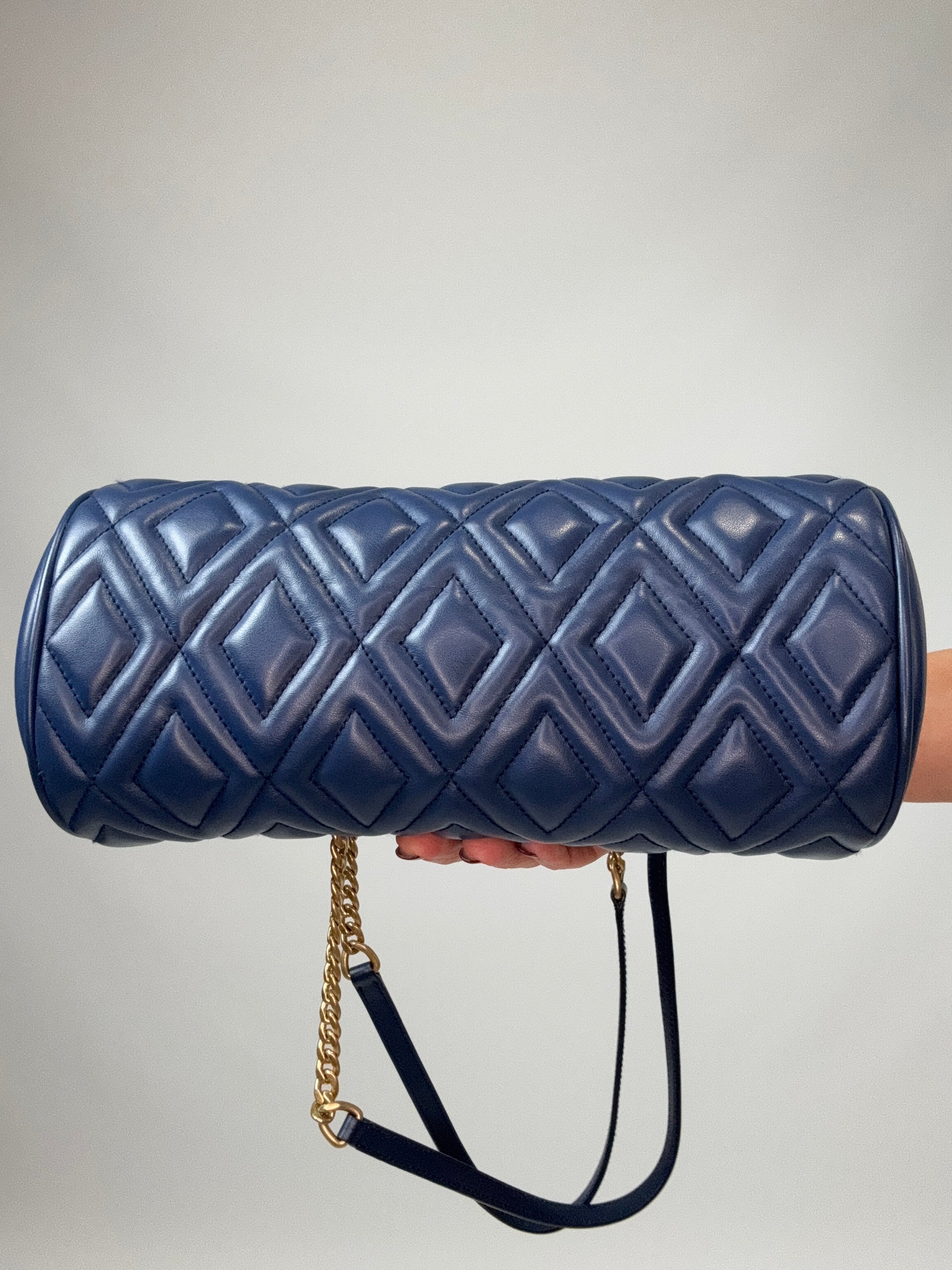 Miu Miu Diamond Quilted Cylinder Bag in Blue bottom of handbag