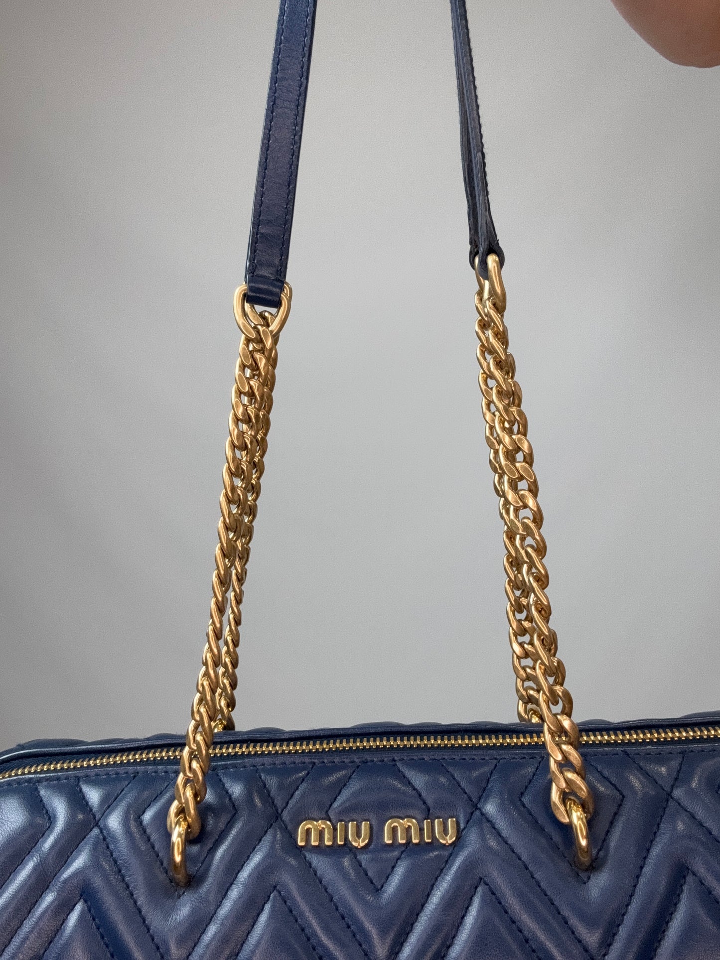 Miu Miu Diamond Quilted Cylinder Bag in Blue chain strap
