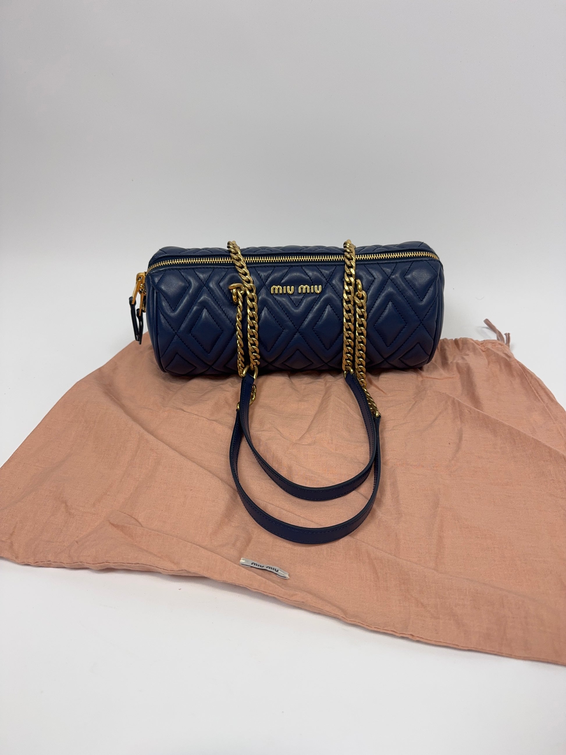 Miu Miu Diamond Quilted Cylinder Bag in Blue with dust bag