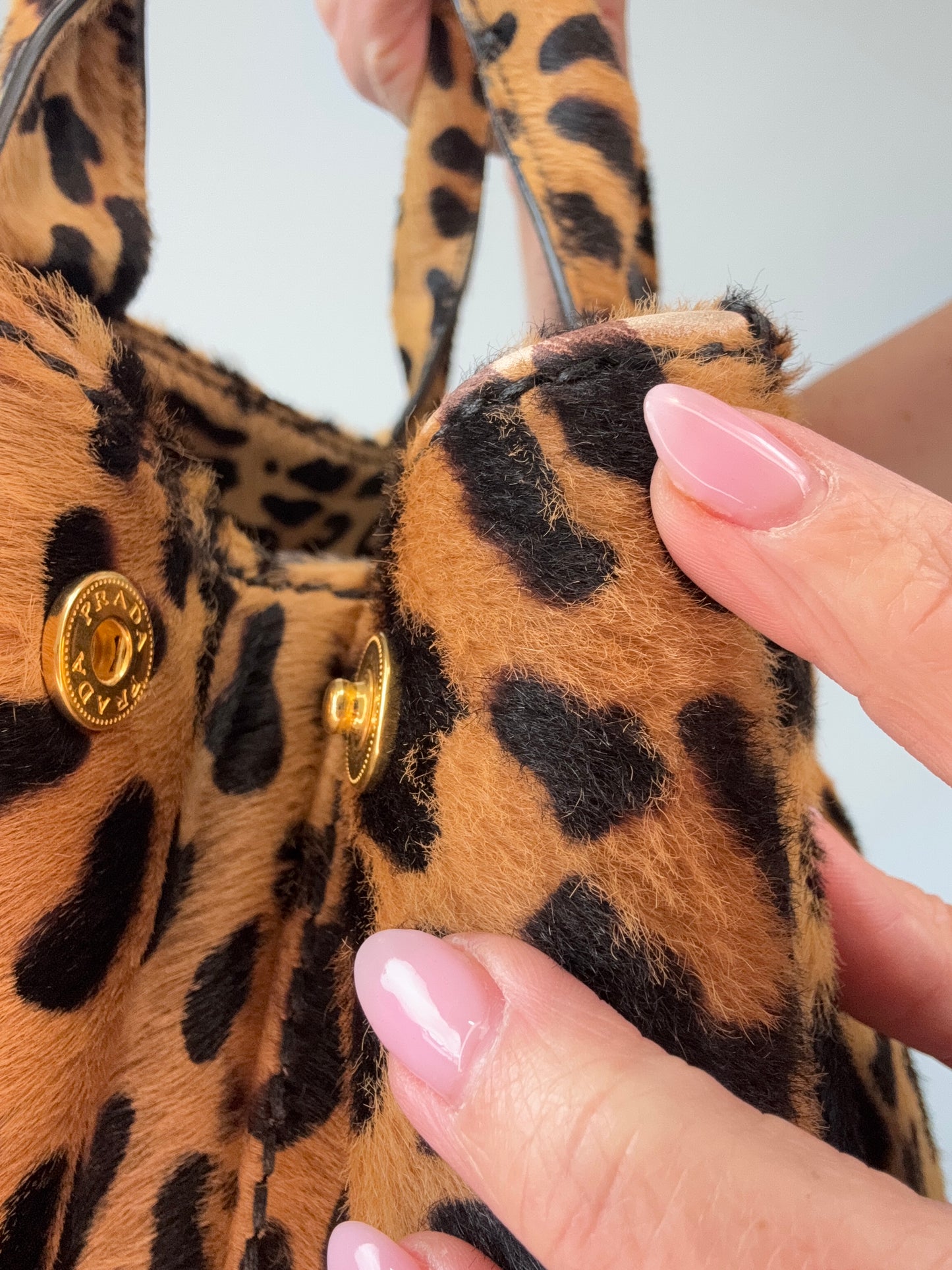 Prada Cavallino Leopard Tote - Vintage upper trim close up