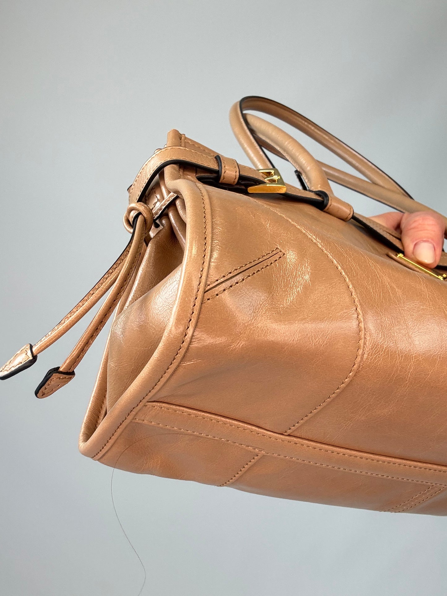 Prada Medium Bonnie East West Tote front left bottom corner