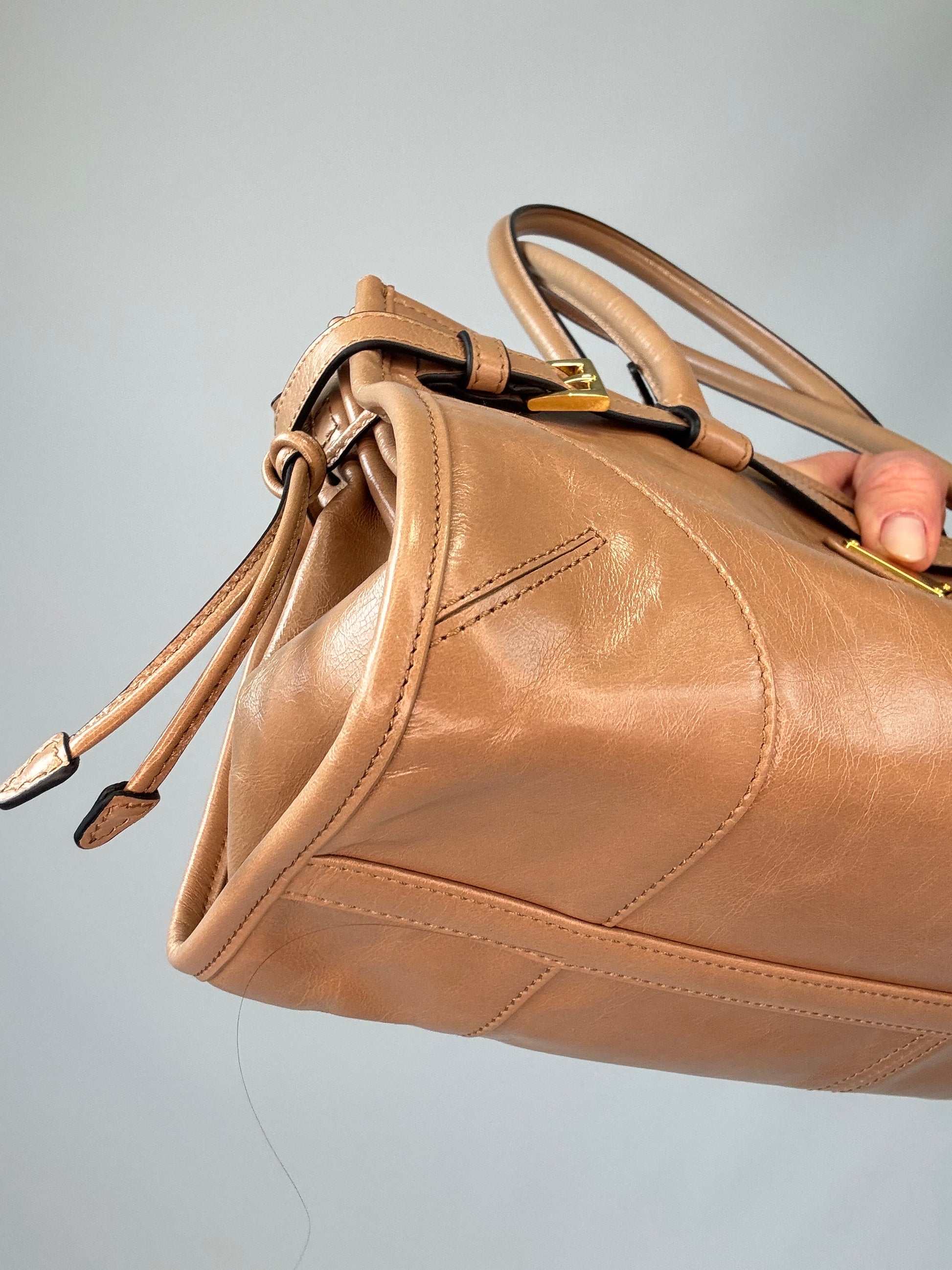 Prada Medium Bonnie East West Tote front left bottom corner