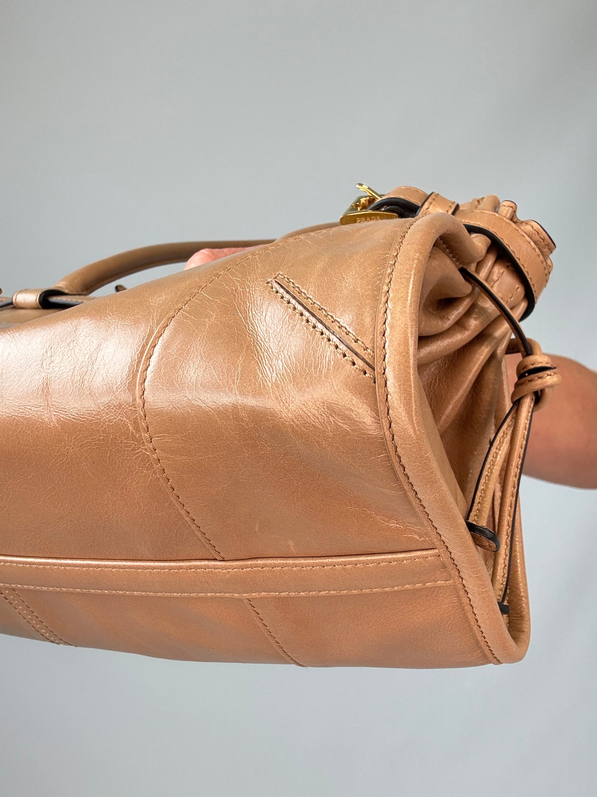Prada Medium Bonnie East West Tote front right bottom corner