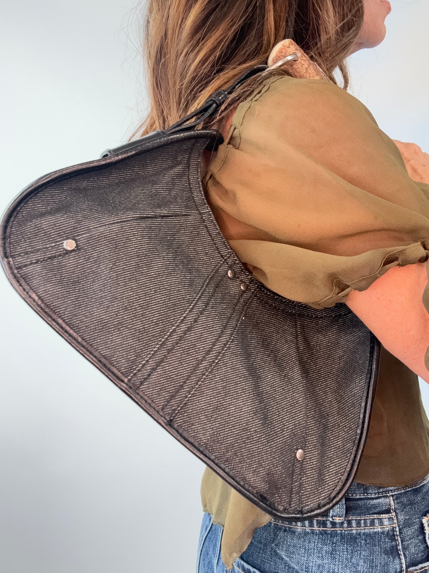 Saint Laurent Denim Mombasa Bag modeled