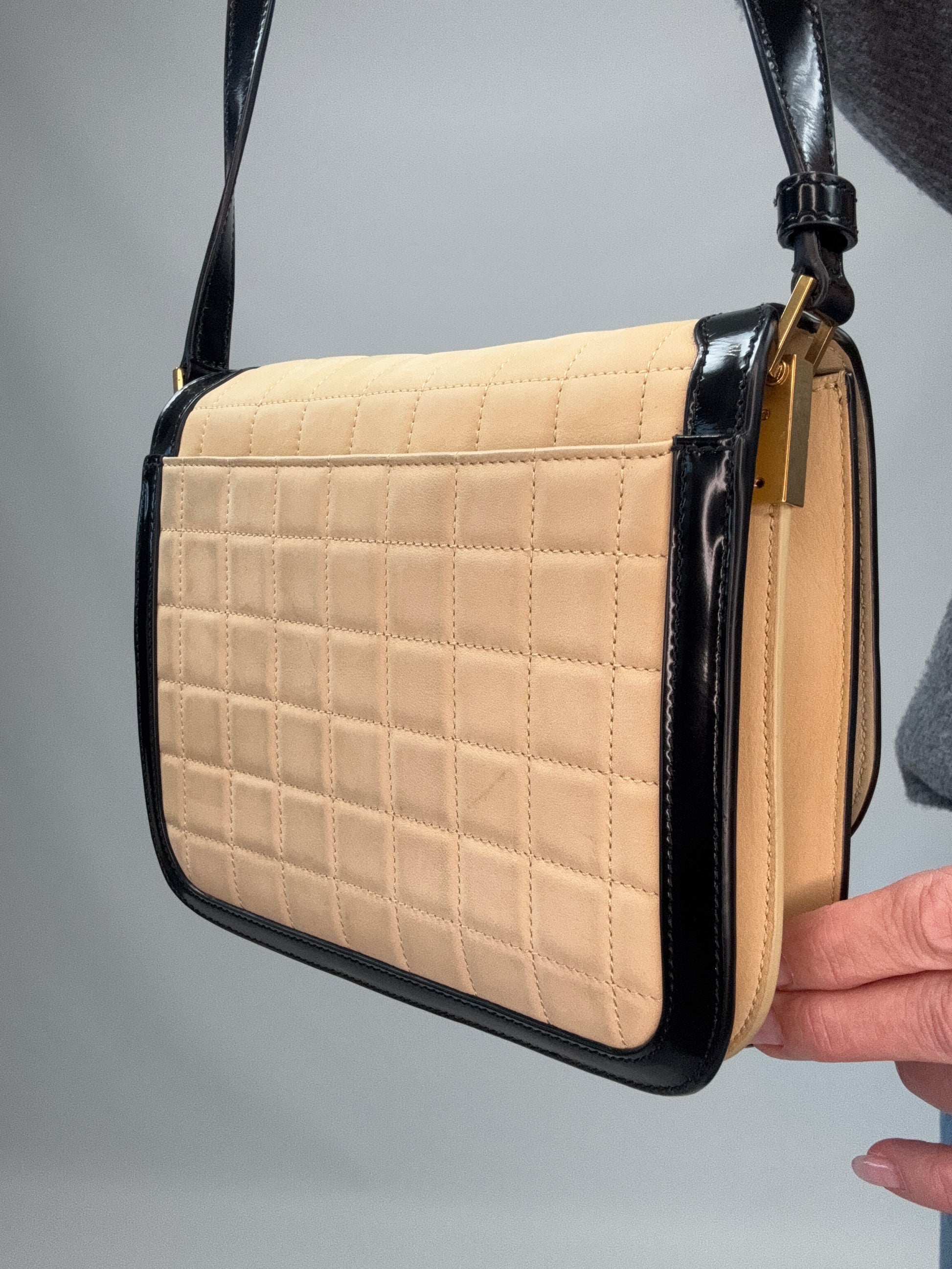 Saint Laurent Quilted Suede Monogram Solferino Bag back right side view and mark