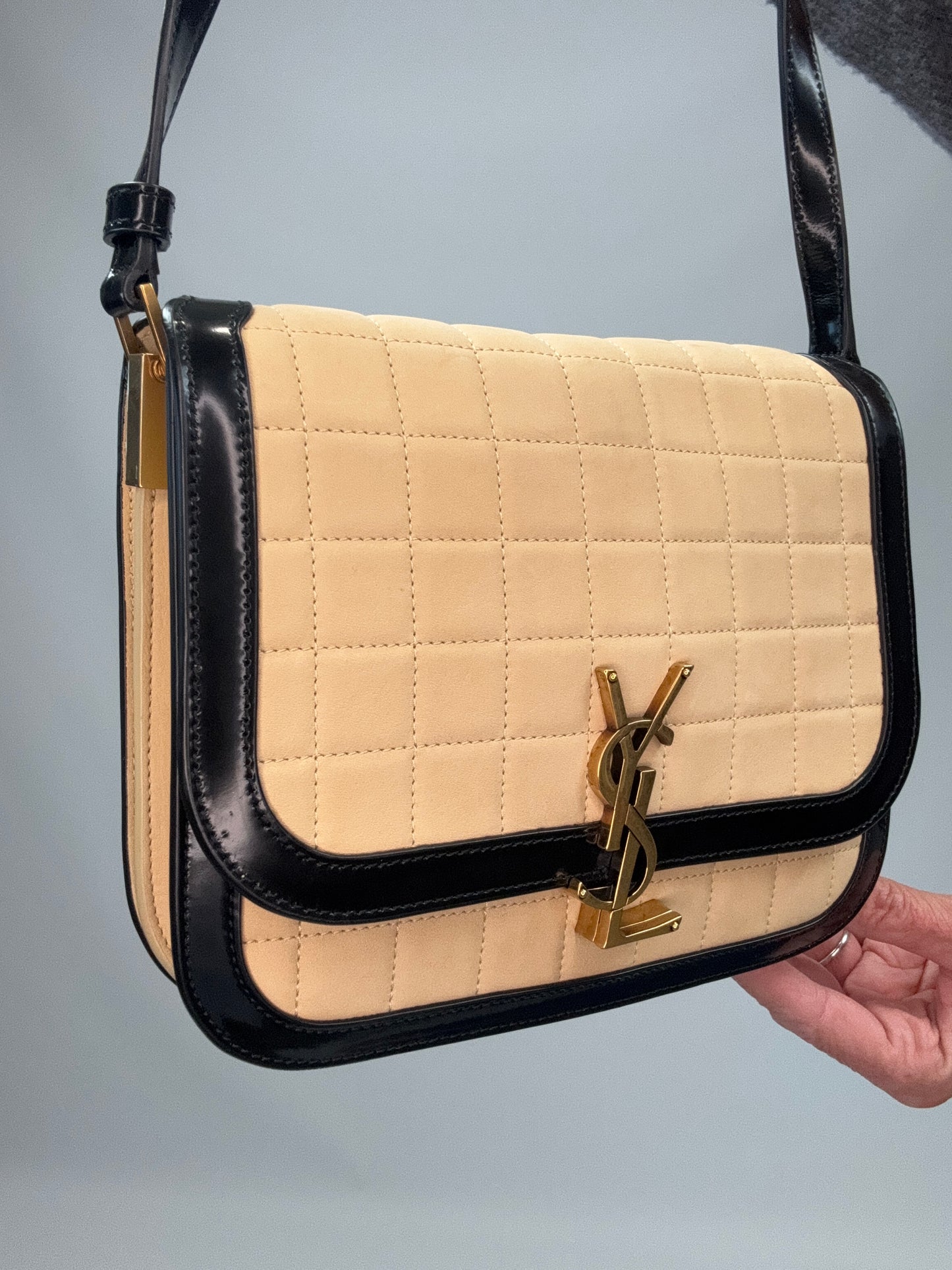 Saint Laurent Quilted Suede Monogram Solferino Bag front left side view