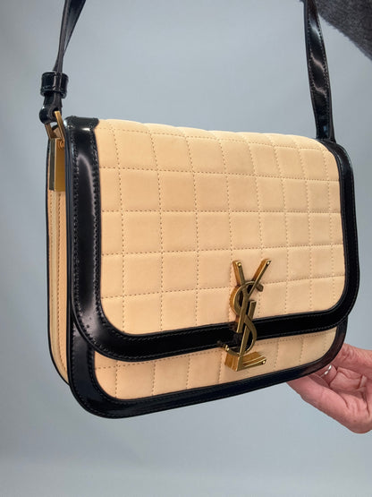 Saint Laurent Quilted Suede Monogram Solferino Bag front left side view