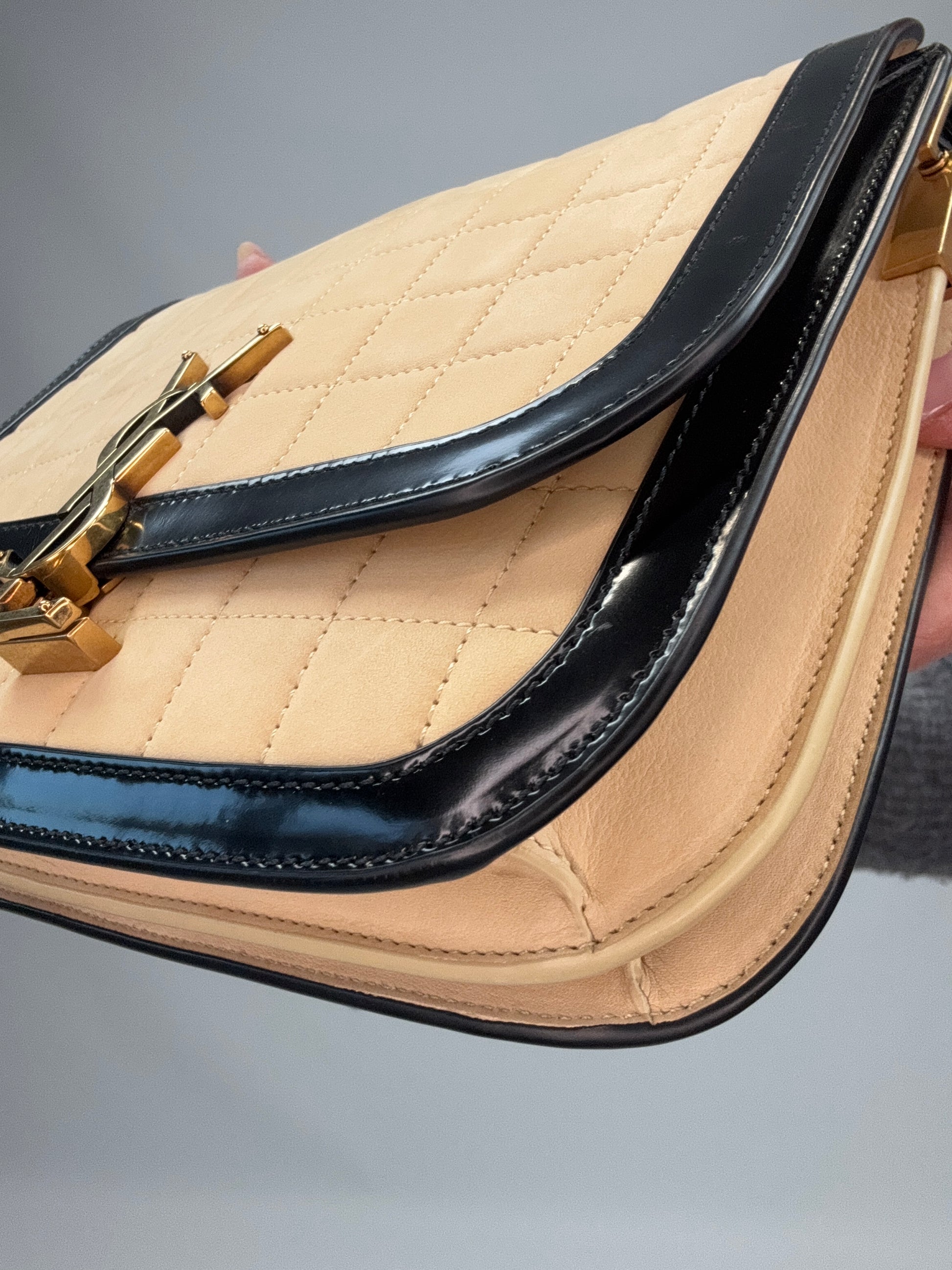 Saint Laurent Quilted Suede Monogram Solferino Bag front right bottom corner