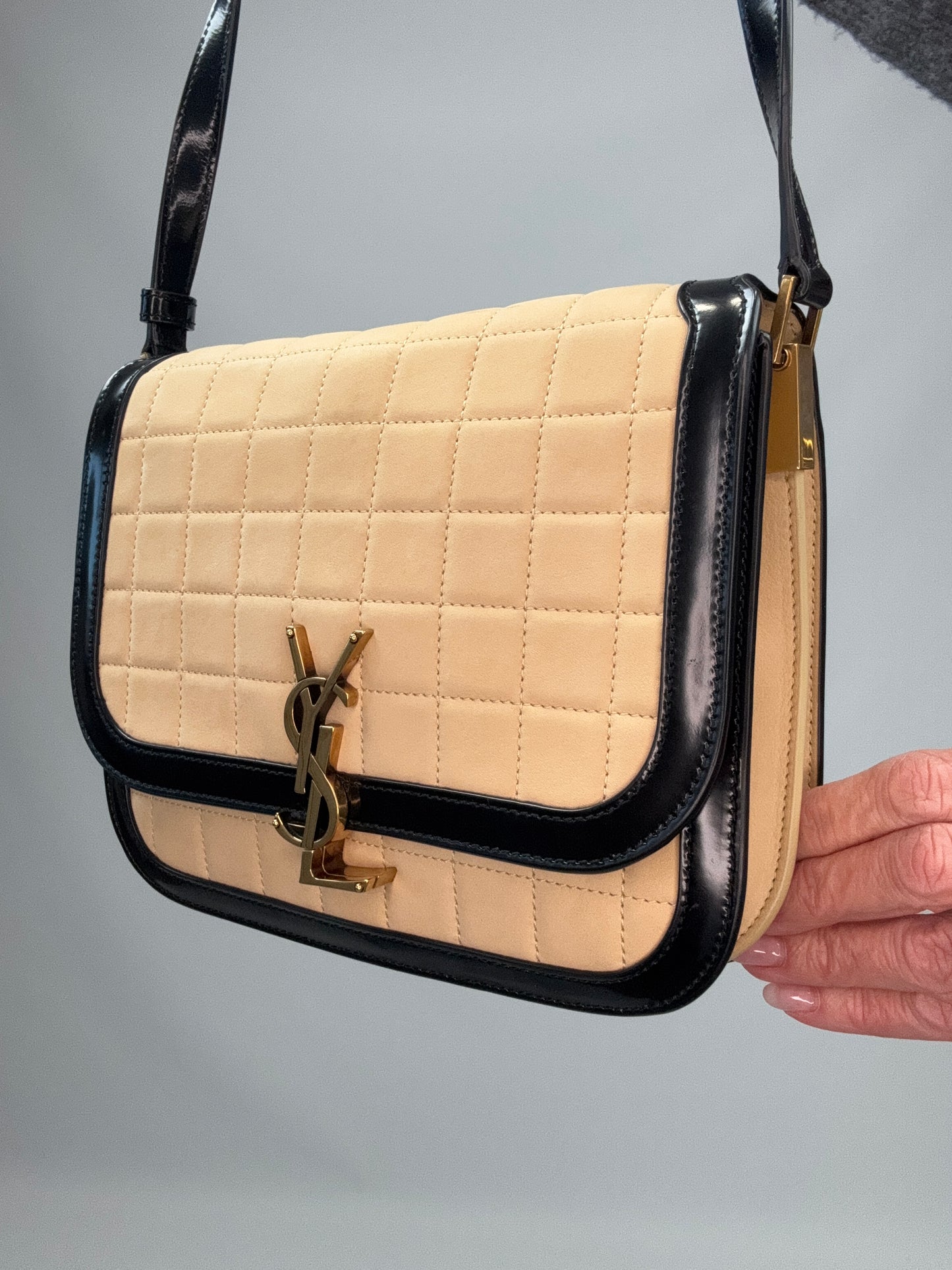 Saint Laurent Quilted Suede Monogram Solferino Bag front right side view