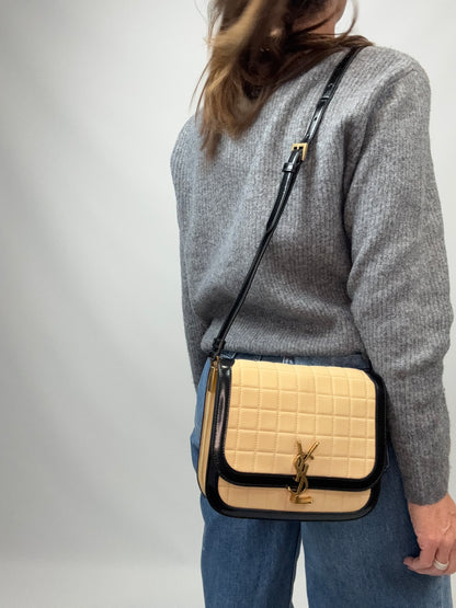 Saint Laurent Quilted Suede Monogram Solferino Bag modeled