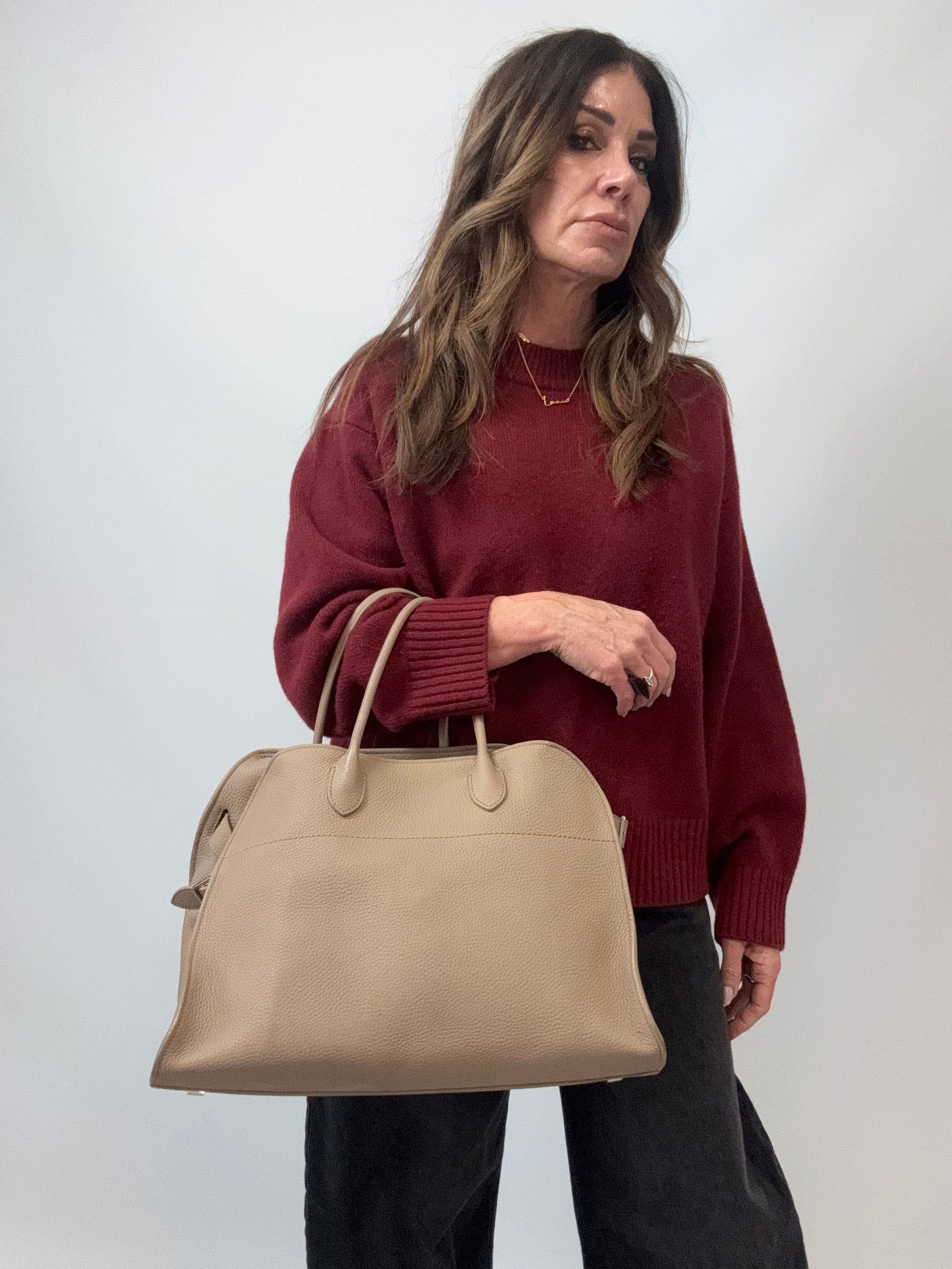 The Row Soft Margaux 15 Bag Beige modeled